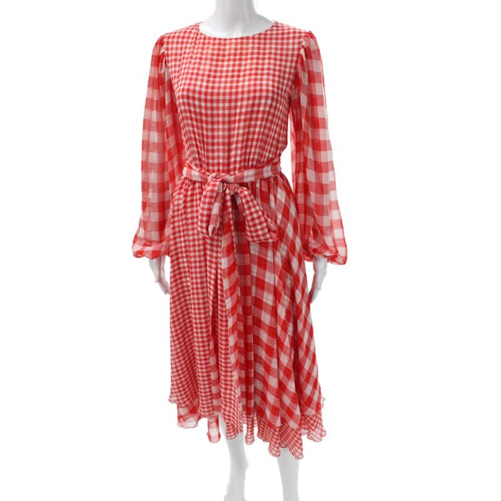 Alcoolique Womens A-Line Gingham Silk Red Long Sleeve Midi Dress Size 6